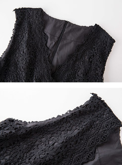 Black V-neck Sleeveless Irregular Hem Lace Dress