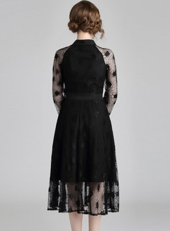 Sexy Black Lace Lapel See-through Slim Skater Dress