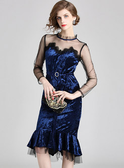 Sexy Mesh Splicing See-though Belted Velvet Mermaid Dress