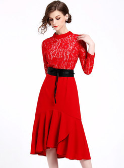 Lace Splicing Stand Collar Belted Asymmetric Mermaid Dress