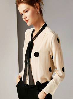 Light Apricot Tie-neck Bowknot Chic Blouse With Dots