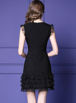Trendy Black Sleeveless Mesh Stitching Mini Dress