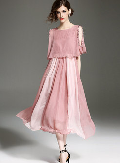 Pink Off Shoulder Stitching Short Sleeve Maxi Dress