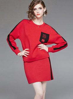 Casual Red Long Sleeve Hoodies & Sexy Wrap Mini Skirt