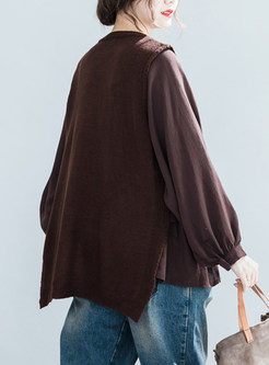 O-neck Lantern Sleeve Knitted Splicing Plus Size Blouse