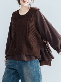 O-neck Lantern Sleeve Knitted Splicing Plus Size Blouse