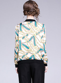 Color-blocked Print Stand Collar Jacket