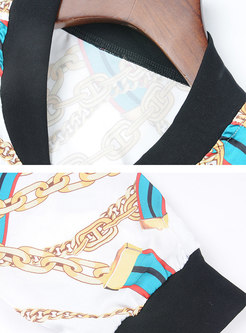 Color-blocked Print Stand Collar Jacket