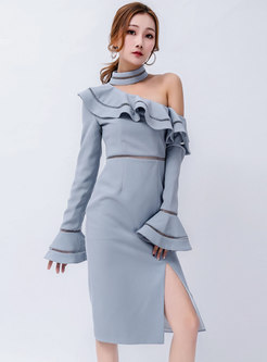Sexy One Shoulder Hollow Out Slit Sheath Dress