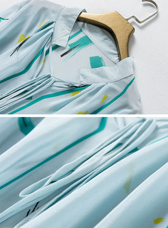 Elegant Print Stand Collar Bowknot Silk Blouse