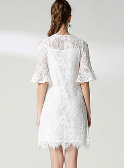 Sexy Perspective V-neck Tied Flare Sleeve Lace Dress
