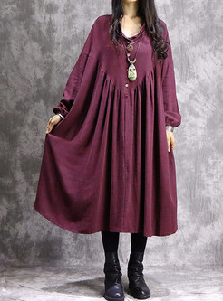 Vintage Solid Color Stand Collar Loose Maxi Dress