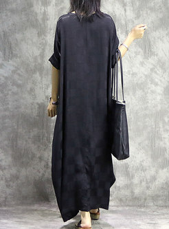 Vintage Plaid O-neck Loose Asymmetric Maxi Dress