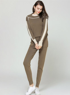 Casual Color-blocked Stand Collar Knitted Sweater & Elastic Waist Straight Pants