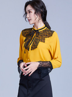Lace Color-blocked Standing Collar Flare Sleeve Blouse