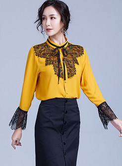 Lace Color-blocked Standing Collar Flare Sleeve Blouse