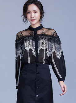 Sexy Color-blocked Standing Collar Lace Splicing Blouse