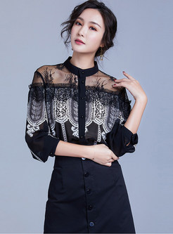 Sexy Color-blocked Standing Collar Lace Splicing Blouse