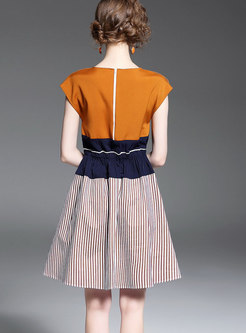 Stylish White O-neck Stitching Striped A Line Dress