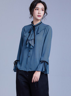 Flare Sleeve Bowknot Tied Houndstooth Chiffon Blouse