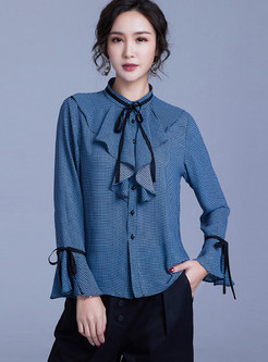 Flare Sleeve Bowknot Tied Houndstooth Chiffon Blouse