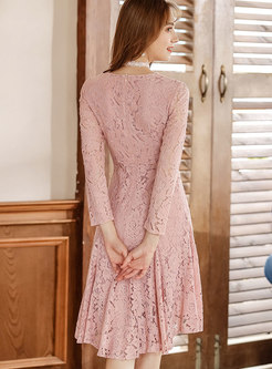 Pink Crew-neck Long Sleeve Lace Stitching Dress