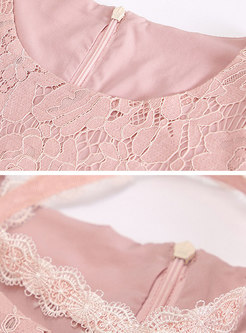 Pink Crew-neck Long Sleeve Lace Stitching Dress