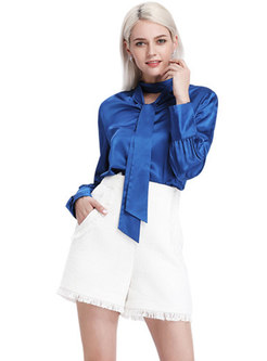 Pure Color Stand Collar Hollow Out Tie Blouse