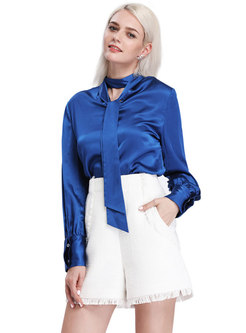 Pure Color Stand Collar Hollow Out Tie Blouse