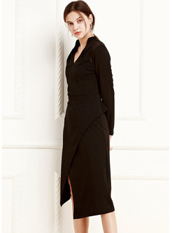 Elegant Black Mesh Splicing V-neck Asymmetric Bodycon Dress
