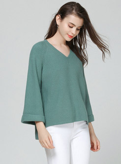 Elegant Pure Color V-neck Asymmetric Knitted Sweater