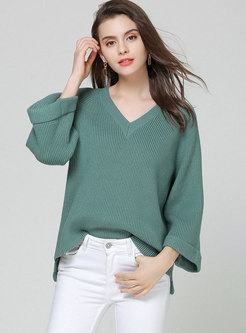 Elegant Pure Color V-neck Asymmetric Knitted Sweater