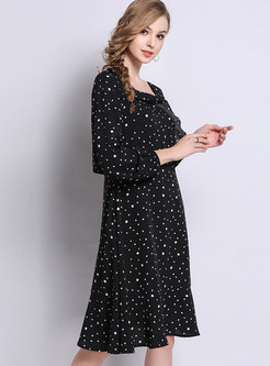 Trendy Black V-neck Long Sleeve Dots Dress