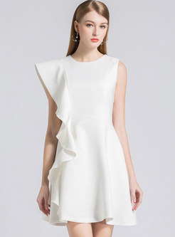 Elegant White O-neck Sleeveless Falbala Mini Dress
