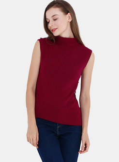 Chic Stand Collar Tie Sleeveless Asymmetric Sweater