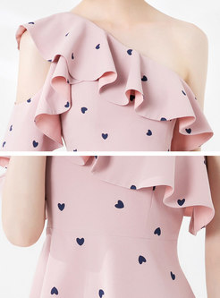 Pink Heart Pattern Slash Neck Falbala Skater Dress