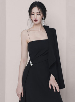 Sexy Black Gathered Waist Beaded Asymmetric Slip Dress