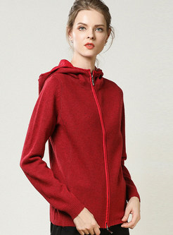Casual Hooded Long Sleeve Solid Color Slim Knitted Coat