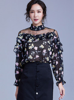 Trendy Floral Perspective Mesh Splicing Blouse