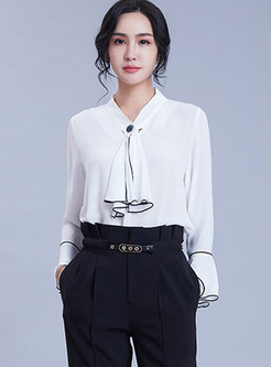 Flare Sleeve Color-blocked Pullover Chiffon Blouse