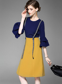 Chic Color-blocked Splicing Flare Sleeve Skater Dress