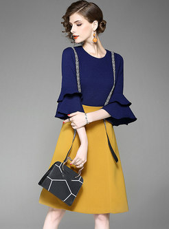 Chic Color-blocked Splicing Flare Sleeve Skater Dress