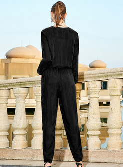 Sexy Black V-neck Gathered Waist Slim Jumpsuit