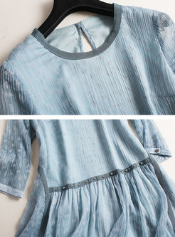 Casual Color-blocked Print O-neck Rivet Loose Dress