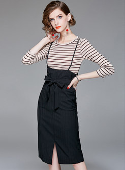 Striped O-neck Slim T-shirt & Black High Waist Slit Slip Dress