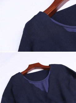 Gauze Splicing Sleeveless Pleated Dress & Navy V-neck Loose Sweater