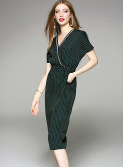 Fashion Beaded V-neck Short Sleeve Striped Bodycon Dress