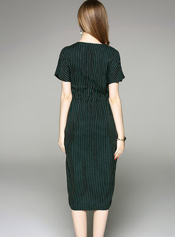 Fashion Beaded V-neck Short Sleeve Striped Bodycon Dress