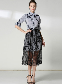 Casual Lapel Striped Print Dress & Perspective Lace Skirt