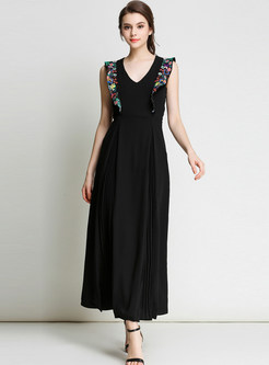V-neck Sleeveless Print Falbala Slim Maxi Dress